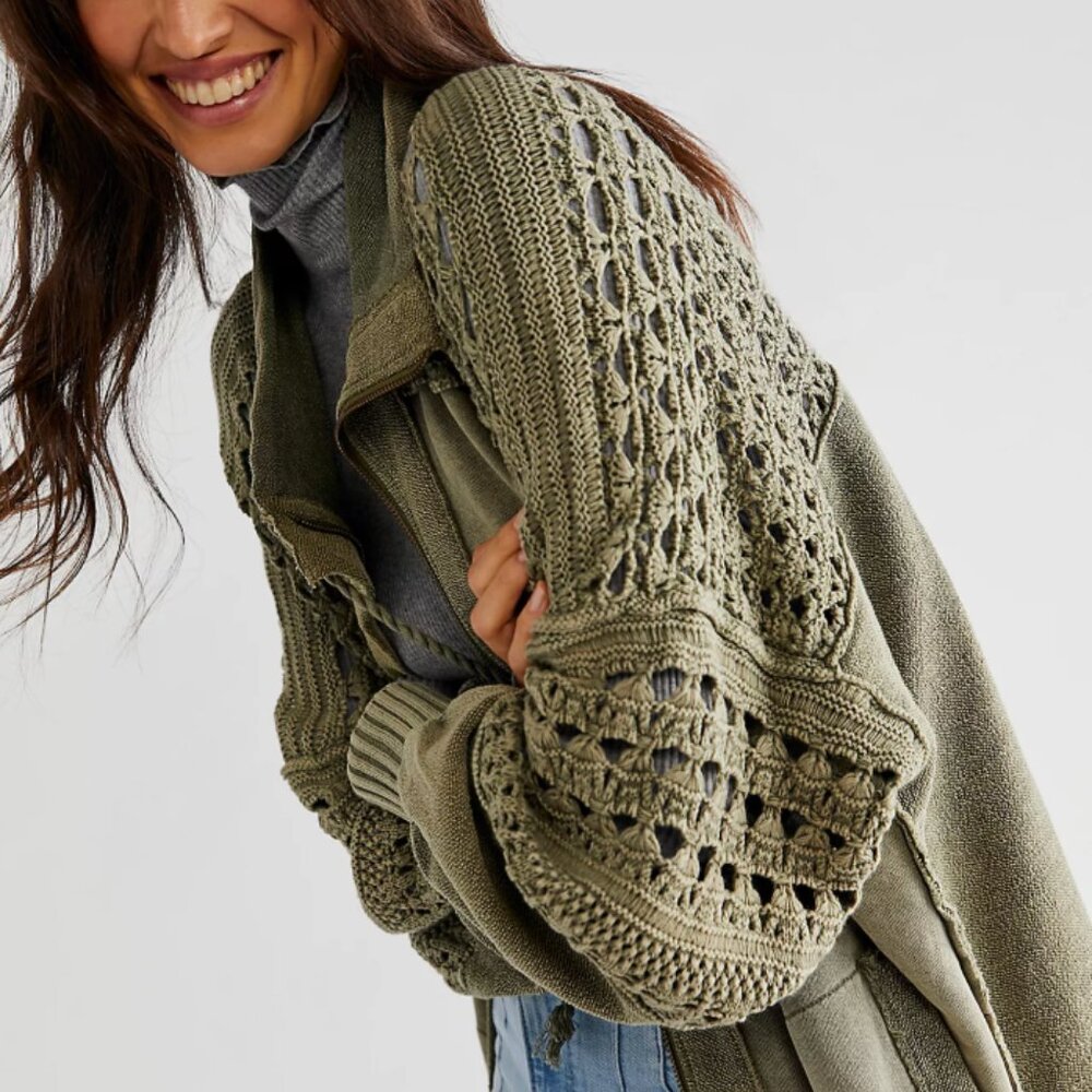 Free People Olive Green Crochet Sleeve Cardigan - Picture 3 of 4